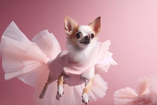 Cute chihuahua puppy jumping in the pink room. Tiny dog soaring in light veil and tulle. Generated AI