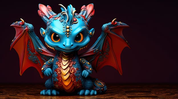 Young blue dragon, mysterious creature from farytales and symbol of 2024 lunar year in Chinese calendar. Generated AI