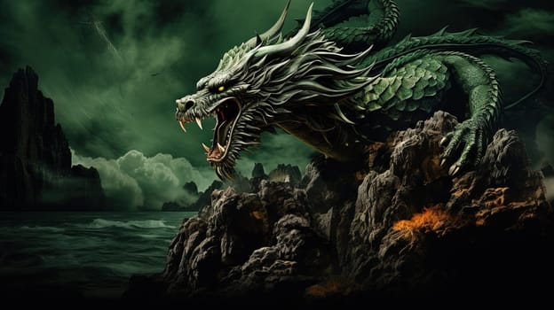 Green dragon, mysterious monster from farytales and symbol of 2024 lunar year in Chinese calendar. Generated AI