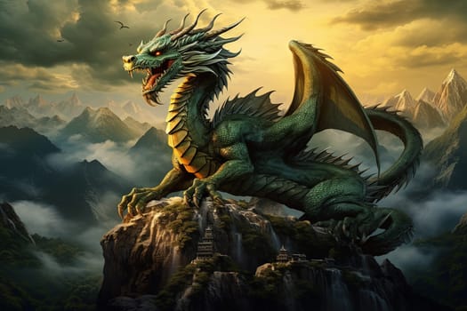 Green dragon, mysterious monster from farytales and symbol of 2024 lunar year in Chinese calendar. Generated AI