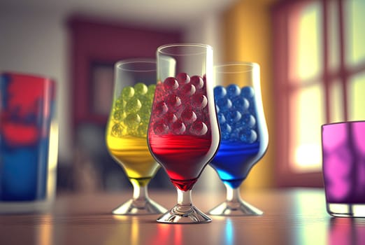 Club cocktails on the table with light. Colorful juicy drinks in glasses. Generated AI