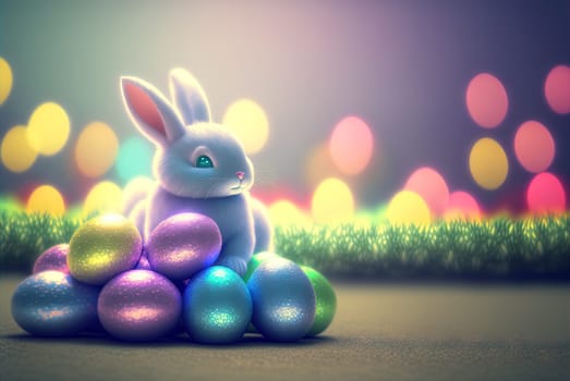Easter rabbit with colorful holiday eggs. Cute fluffy bunny celebrating spring holiday