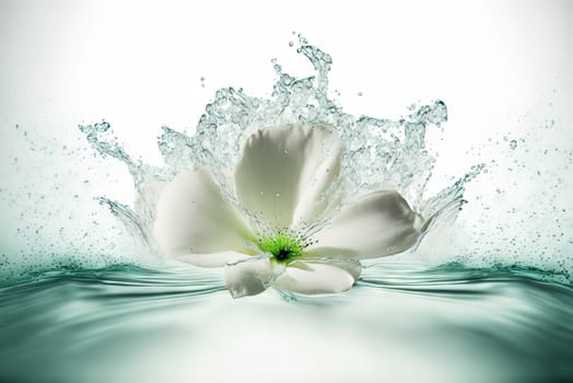 Flower in splashing water. Floral freshness concept with water drops for cosmetic, moisture and self-care packaging. Generated AI