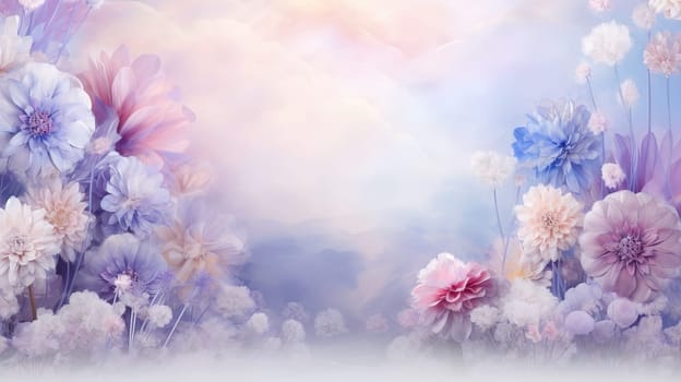 Abstract blurred background with flowers in the cold garden. Generated AI