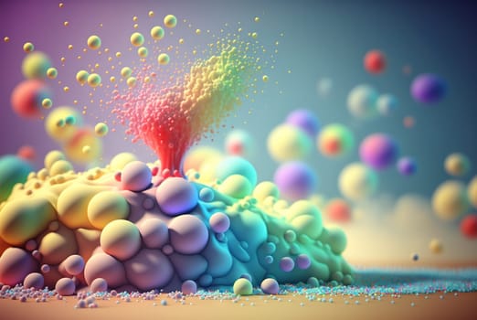 Abstract sweet foam clouds with splashing forms and drops. Colorful foam cloud ro sweet cotton background. Generated AI