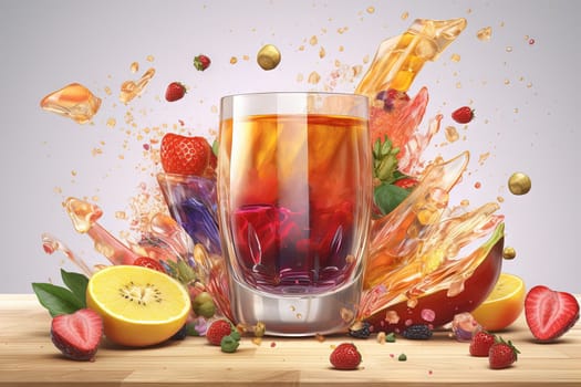 Glass of juice with fruits and berries on the table. Drink splash of sweet organic cocktail. Generated AI