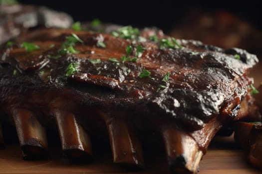 Juicy ribs barbeque served with green spices. Summer BBQ meal with tasty fresh meat on the rib bones. Generated AI