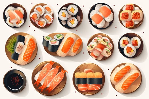 Sushi set. Collection of fast fool in asian style. Classic shushi and rice rolls. Generated AI