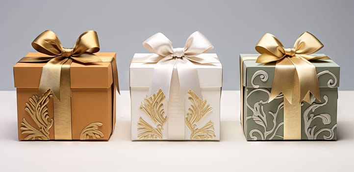 Set of gift boxes with ribbons, arranged for holidays or sale and discount event. Generated AI