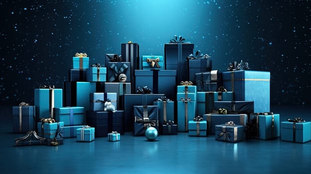Compostion of gift boxes with ribbons for holiday sale event. Generated AI