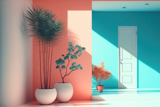 Abstract colorful interior with plants and minimalistic decorations. Vivid colored architectural background. Generated AI