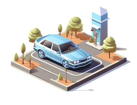 Isometric retro car travelling with elements of environment. Generated AI