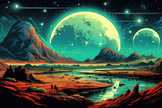 Alien planet landscape with mountains and moon over horizon in retro style. Generated AI