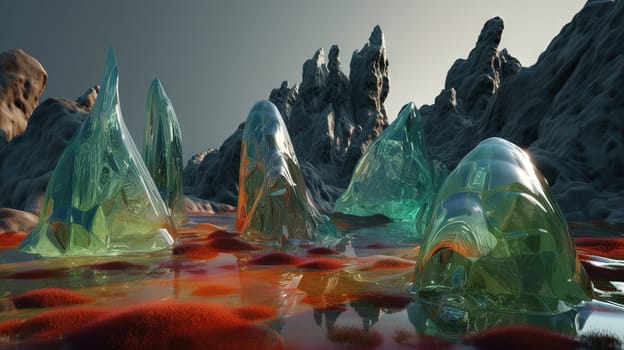 Science fiction landscape with glass mountains. Alien planet with melted glass rocks. Generated AI