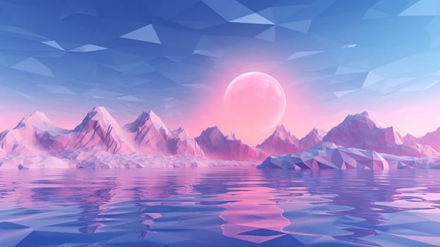 Pink landscape with moon over polygonal mountains. Calm surreal backround. Generated AI