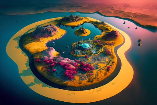 Scenic view of a fantasy island with trees in the center of lake. Generated AI