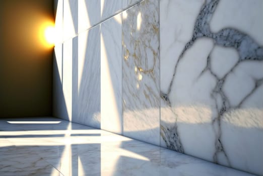 Abstract marble room with shiny lights. Interior view with marble background and scenic lightning. Generated AI