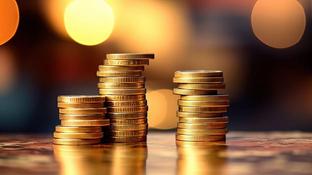 Money concept background with stacks of golden coins. Finance abstract with yellow coins. Generated AI