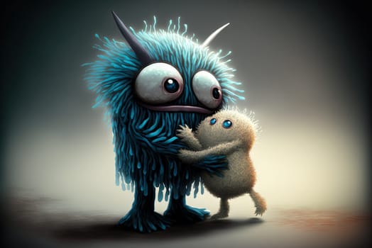 Monster hugging the child. Cute scene with mother monster love. Generated AI
