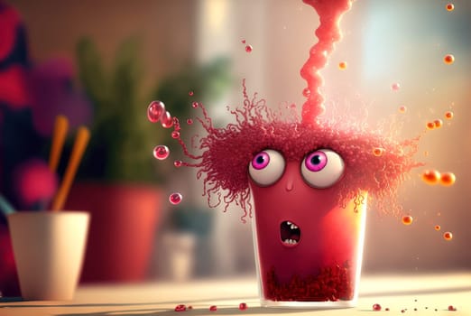 Funny monster juice. Cute glass of juice character with splashing fresh beverage. Generated AI