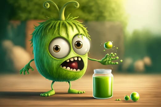 Funny monster juice. Cute glass of juice character with splashing fresh beverage. Generated AI