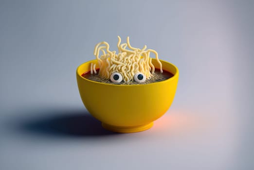 Funny monster spaghetti. Cute pasta, noodle or ramen character with crazy funny face. Generated AI