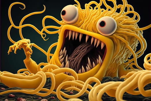 Funny monster spaghetti. Cute pasta, noodle or ramen character with crazy funny face. Generated AI