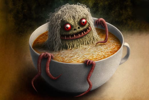Funny monster spaghetti. Cute pasta, noodle or ramen character with crazy funny face. Generated AI