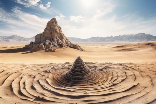 Surreal rock vortex formation. Fictional coiled stones in the desert mountains. Generated AI