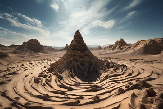 Surreal rock vortex formation. Fictional coiled stones in the desert mountains. Generated AI