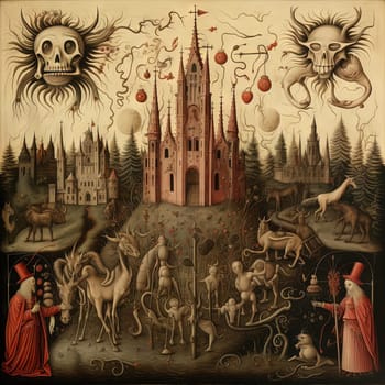 Medieval styled occult art with skeleton and monsters. Ancient icon or old book illustration with mystic religious scene. Generated AI