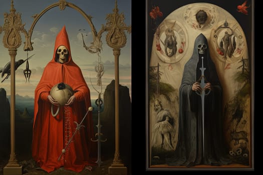 Medieval styled occult art with skeleton and monsters. Ancient icon or old book illustration with mystic religious scene. Generated AI