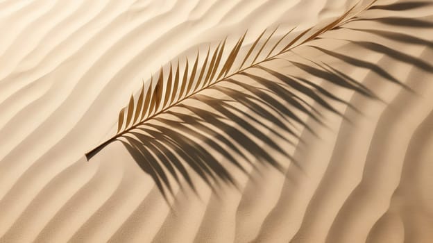 Plam leaf on the tropical beach sand. Vacation and relaxation concept with dry palm leaf on the hot summer beach. Generated AI