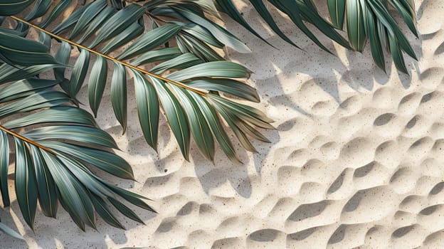 Plam leaves on the tropical beach sand background. Vacation and relaxation concept with dry palm leaves on the hot summer beach. Generated AI