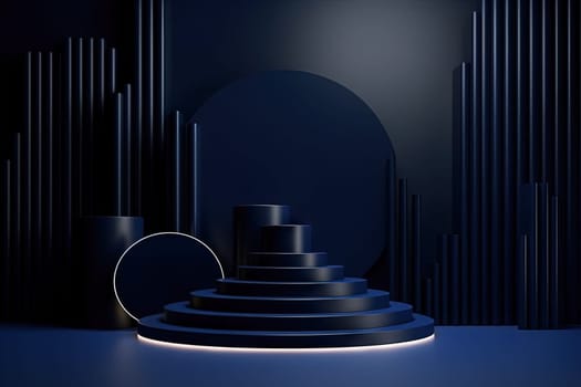 Dark blue pedestal in black room with geometric shapes. Podium for product showcase. Generated AI