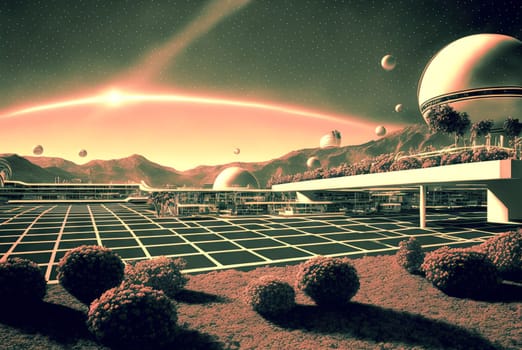 Retrofuturistic landscape in 80s sci-fi style. Retro science fiction scene with futuristic buildings. Generated AI