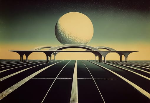 Retrofuturistic landscape in 80s sci-fi style. Retro science fiction scene with futuristic buildings. Generated AI