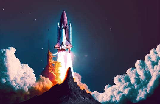Rocket launch in the clouds and flames. Space ship taking off, starting the flight. Generative AI