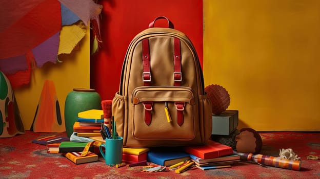 School backpack with colorful learning supplies. Back to school concept. Generated AI