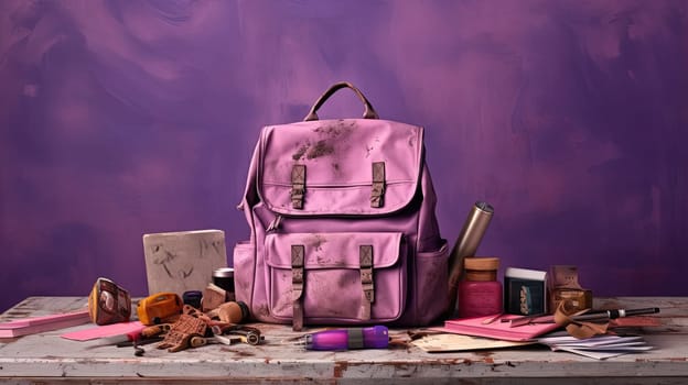 School backpack with colorful learning supplies. Back to school concept. Generated AI