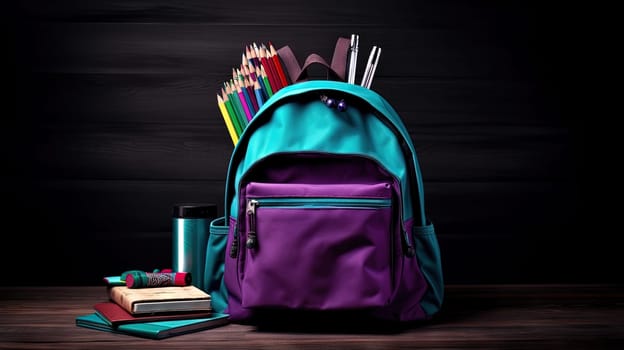 School backpack with colorful learning supplies. Back to school concept. Generated AI