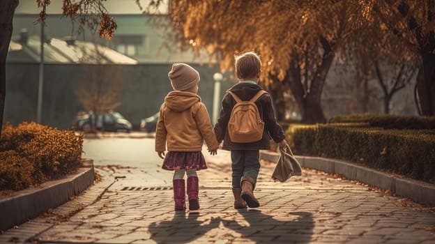 Children walking back home from school with backpacks. Generated AI