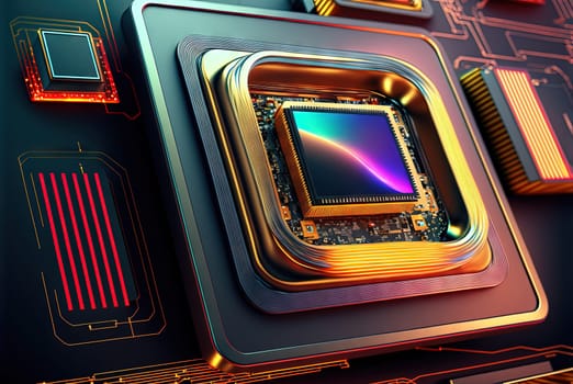 Abstract science and technology background with shiny connection elements and sci-fi intefrace. Tech abstraction wallpaper. Generated AI
