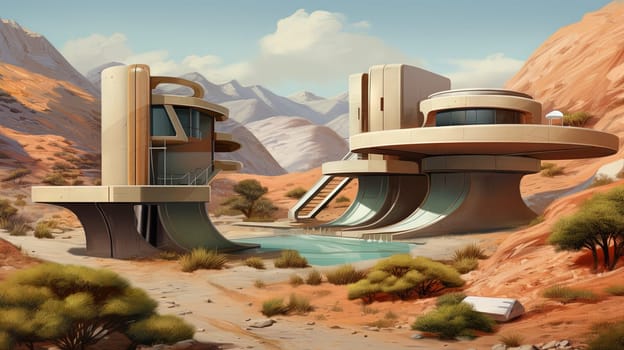Retro futuristic architecture in sci-fi scene on the desert planet. Alien landscape with nostalgic retro future constructions. Generated AI