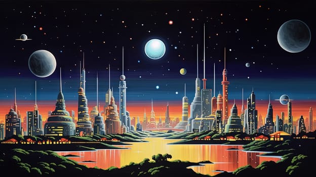 Retro futuristic city in the old school sci-fi art scene. Retro space landscape with city. Generated AI