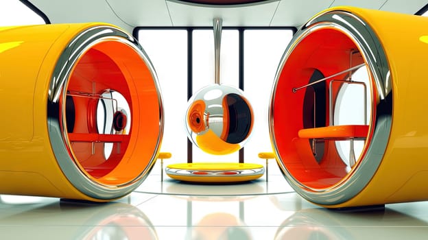 Spaceship or lab interior in retro futuristic sci-fi style with round doors. Generated AI