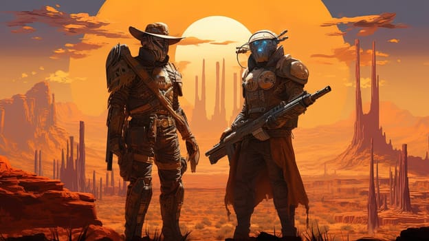 Space cowboys in sci-fi western scene. Sci-fi warriors of the wasteland. Generated AI
