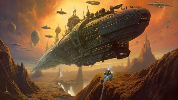 Space ships battle over alien planet in 80s books style. Retro science fiction illustration. Generated AI