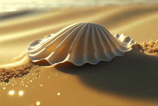 Surreal shell on the beach. Abstract clam with filigree shape on the sand. Generated AI