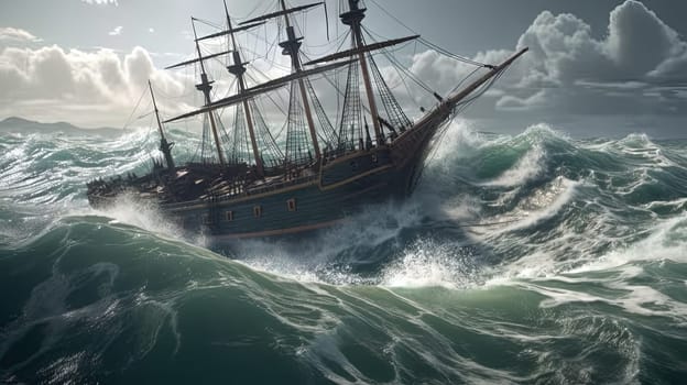 Ship in the stormy sea with huge waves. Giant stormy waves in the ocean and boat. Generated AI